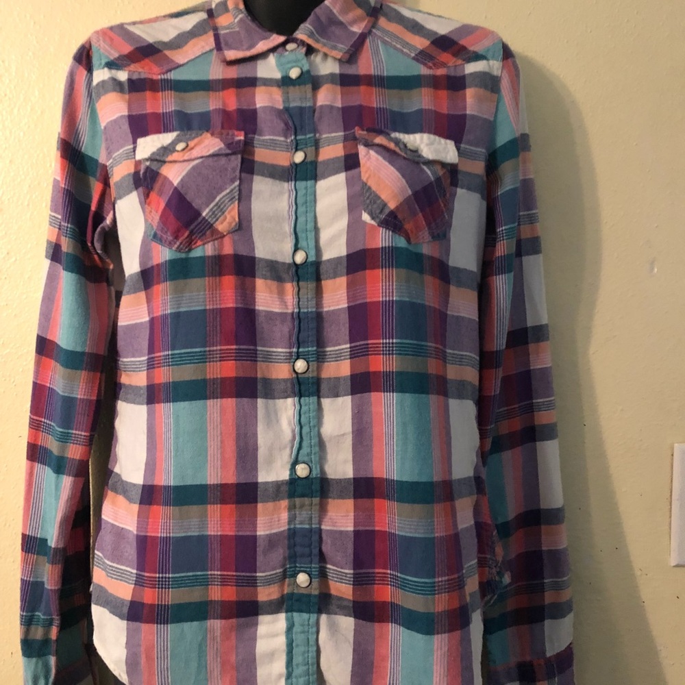 AMERICAN EAGLE PLAID TEAL PURPLE ORANGE FLANNEL S
